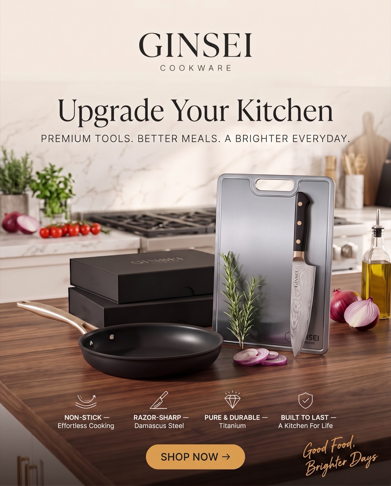 GINSEI, Upgrade Your Kitchen: premium non-stick pan, Damascus steel knife and titanium cutting board